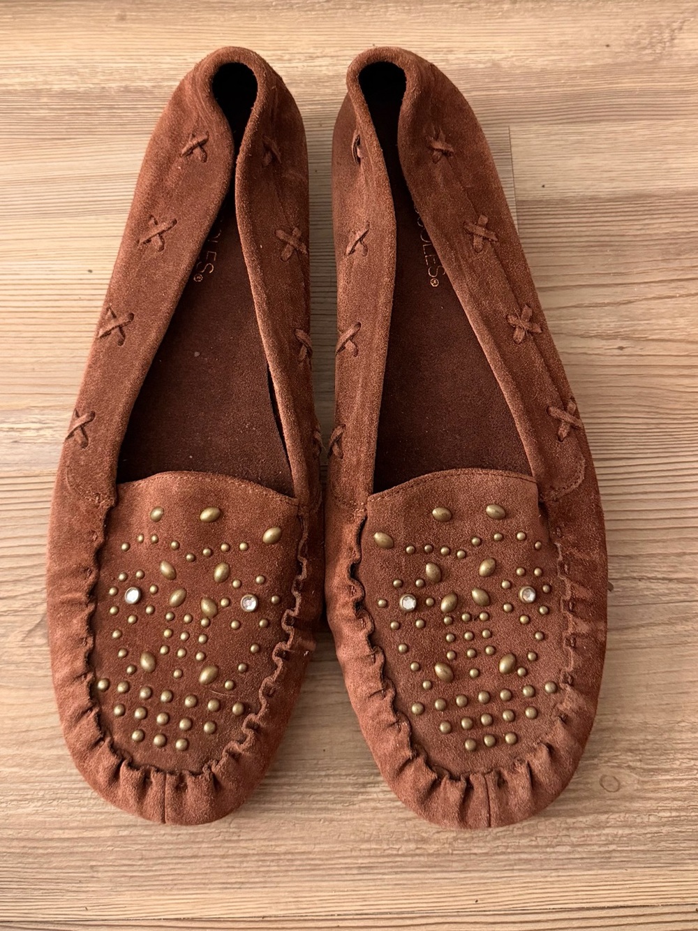 Suede Studded Moccasin Loafers in Brown Size 10